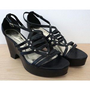 RALPH LAUREN Black Strappy Sandal Platform High Heel Ankle Strap Shoes Size 9.5